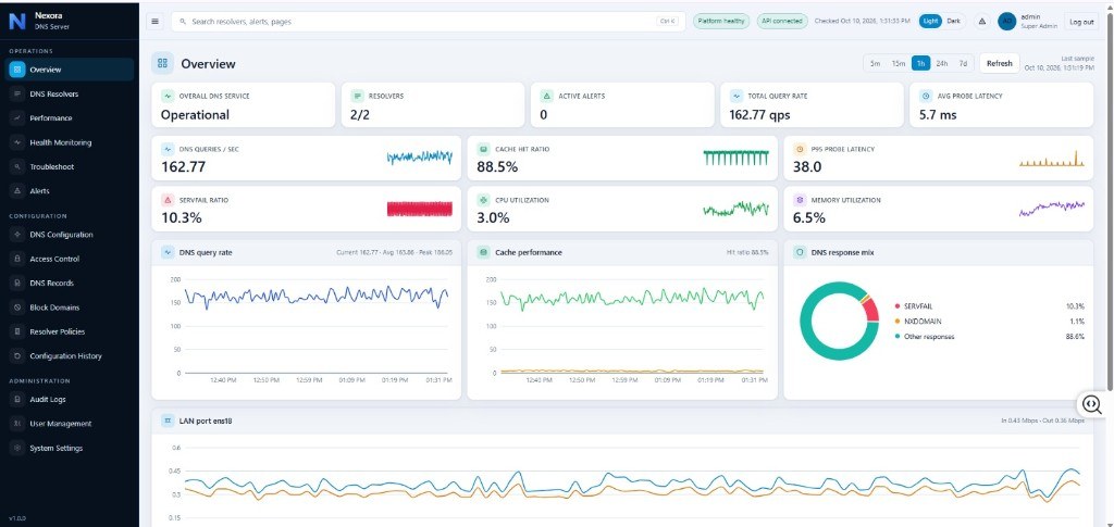 Nexora DNS Server overview with query rate, cache performance and response mix